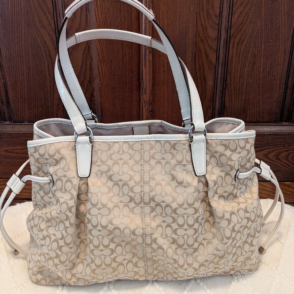 Coach Signature Tan Canvas White Leather Stripe Satchel Bag F31308 - Picture 3 of 14